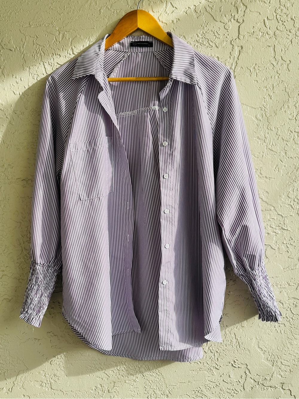 Striped Button-Front Blouse with Smocked Cuffs - Lavender/White